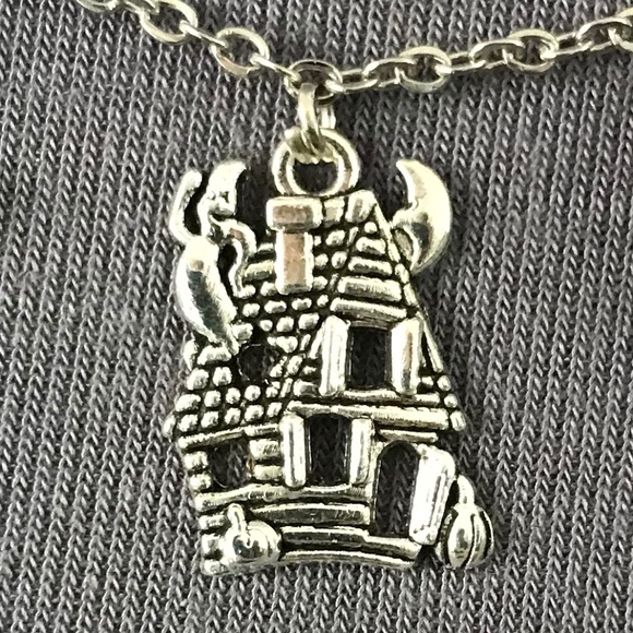 “All Hallows Eve" Handmade Silver Halloween Charm Necklace Haunted House Pumpkin - Picture 3 of 15